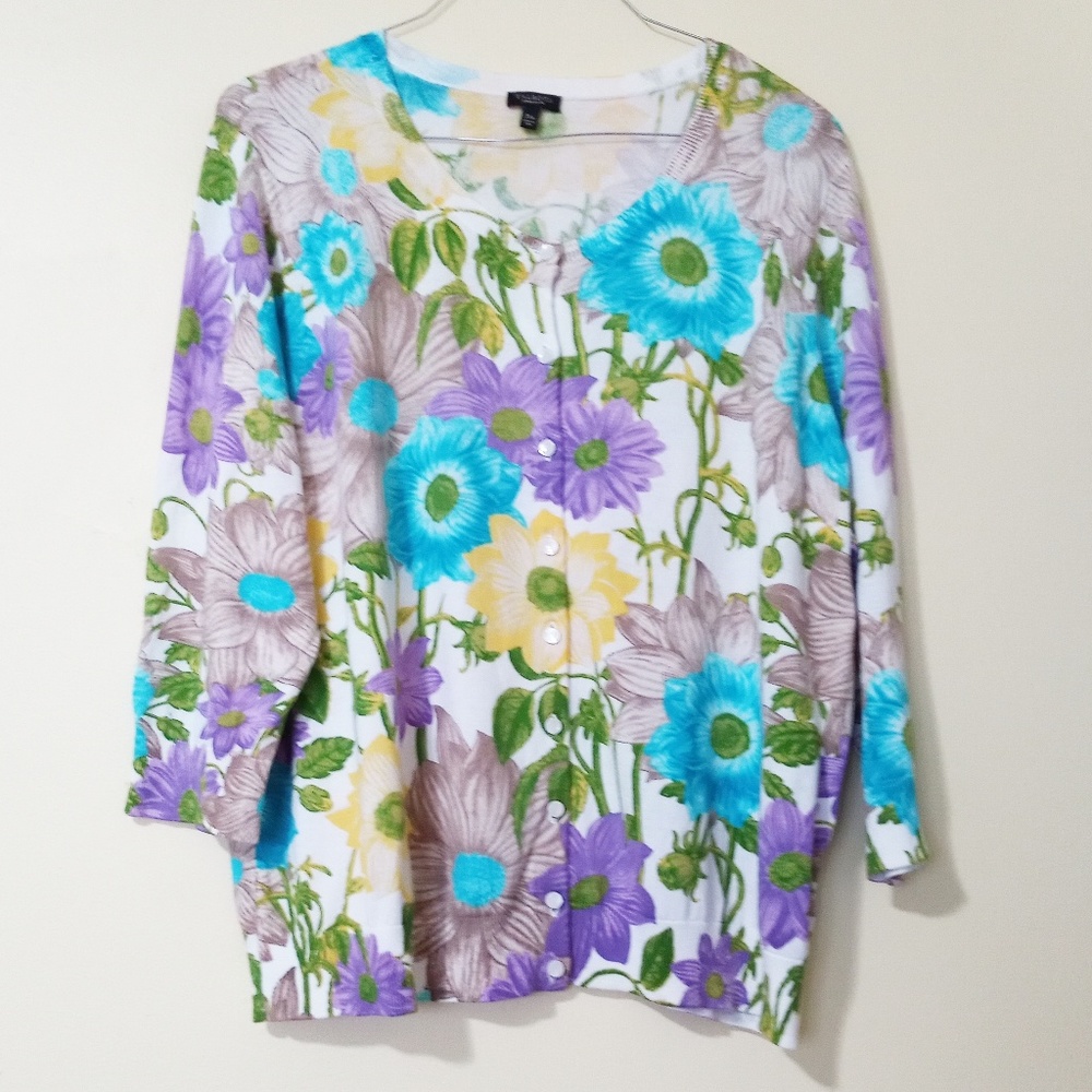Talbots Plus Size Petite Button Up Floral Cardigan